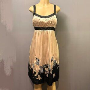Mystic Champagne Black Empire Waist Satin Dress Floral Applique